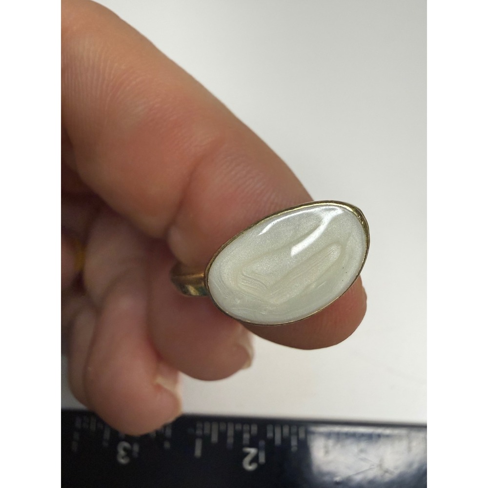 Gold Tone Bypass Ring White Enamel Inlay Swirl Marbled Adjustable Size 6.25